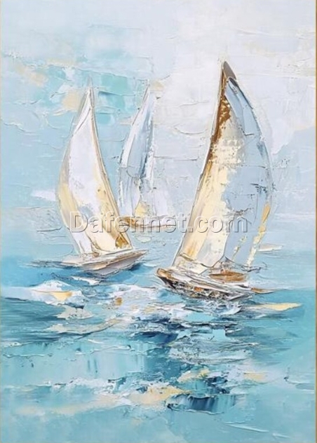 Hand-Painted Abstract Seascape Oil Painting – Sailboat on the Ocean for Modern Living Room and Dining Room Décor