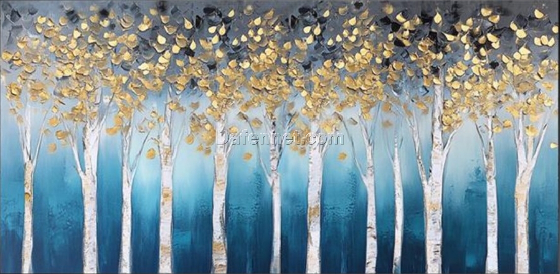 Hand-Painted Thick Oil Painting – Abstract Birch Tree Art for Modern Living Room and Dining Room Décor