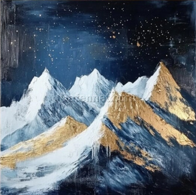 Hand-Painted Abstract Night Sky Oil Painting – Snowy Mountains and Golden Peaks for Living Room and Entryway Décor