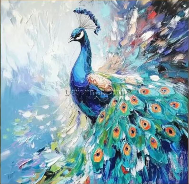 Impressionist Peacock Oil Painting – Colorful Feather Display with Textured Art for Modern Living Room and Entryway