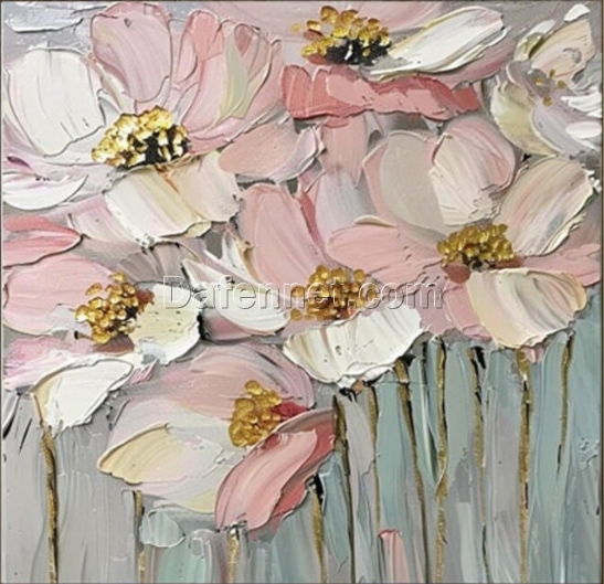 Abstract Floral Oil Painting – Pink Flowers with Gold Stamens for Living Room and Dining Room Wall Décor