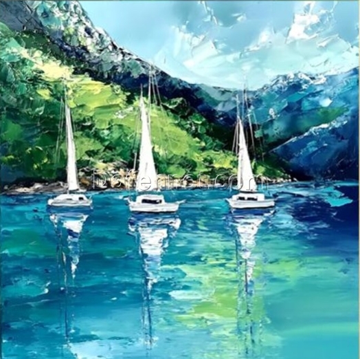 Hand-Painted Abstract Oil Painting – Green Mountains and White Boat on Blue-Green Water for Living Room Décor