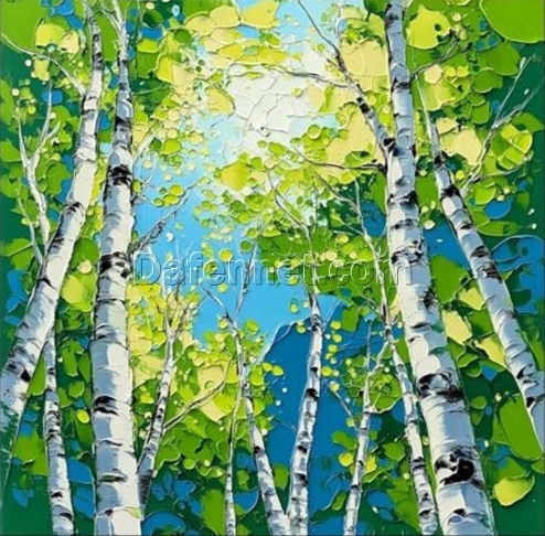 Hand-Painted Palette Knife Landscape Oil Painting – Spring Forest with Birch Trees for Living Room and Entryway Décor