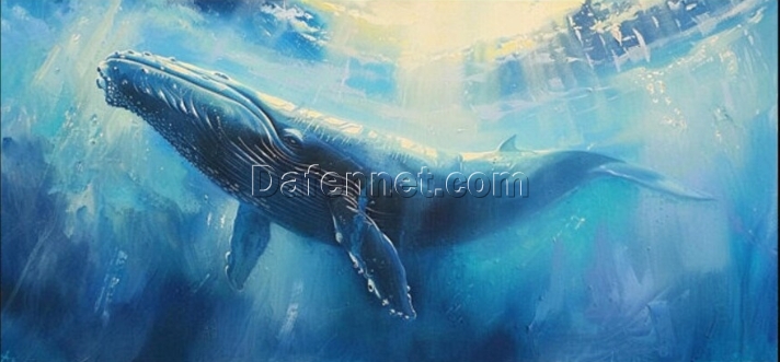 Abstract Blue Whale Oil Painting – Sunlit Ocean with Textured Art for Stylish Living Room and Entryway