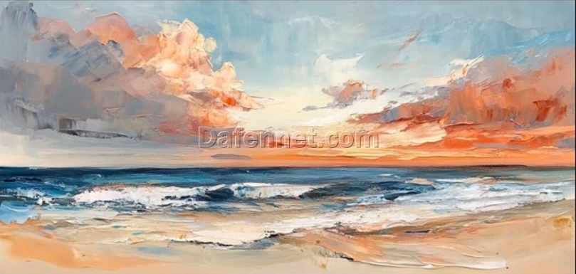 Abstract Sunset Beach Oil Painting – Waves and Seagulls with Textured Layers for Living Room and Dining Room Décor