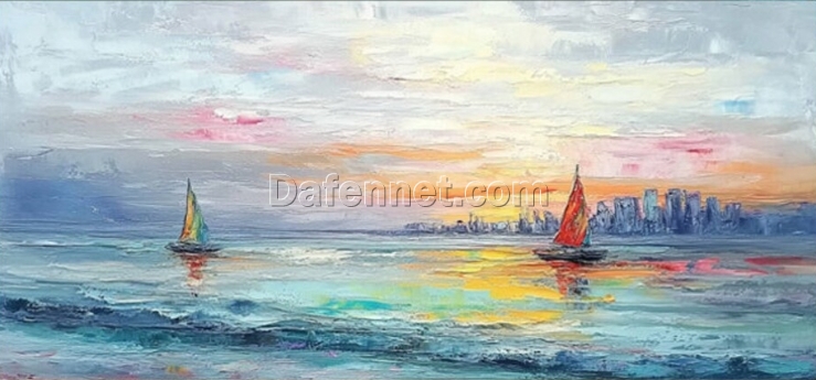 Blue Ocean and Sailboat Oil Painting – Abstract Sunrise Seascape with Textured Layers for Stylish Living Room and Entryway