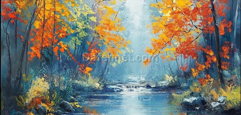 Abstract Forest Scene Oil Painting with Stream – Heavy Textured Art for Living Room and Dining Room Walls