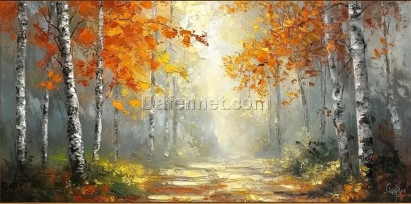 Vibrant Autumn Forest Oil Painting with Birch Trees – Textured Palette Knife Art for Stylish Living Room and Entryway