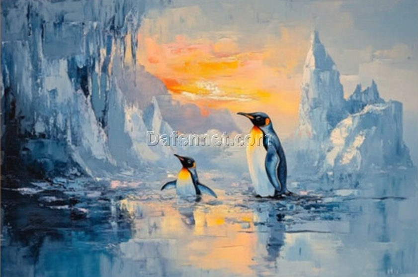 Hand-Painted Abstract Penguin Oil Painting – Glowing Penguin on Glacier for Living Room and Dining Room Décor