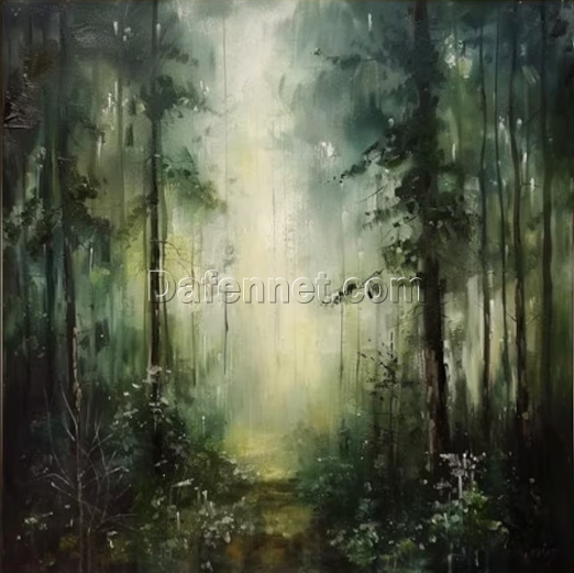 Abstract Foggy Forest Oil Painting – Deep Green Misty Landscape Art for Contemporary Living Room and Dining Room