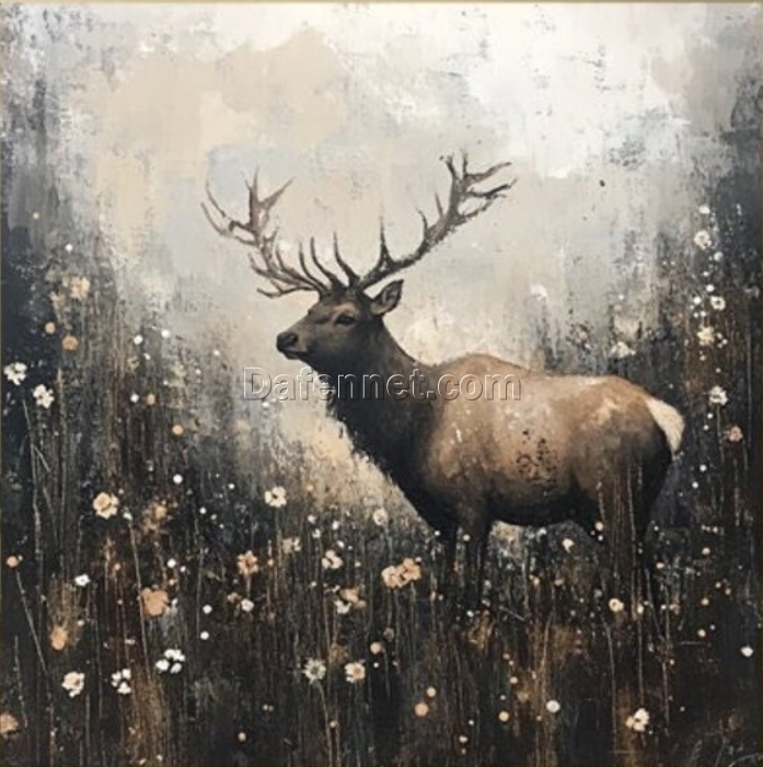 Hand-Painted Abstract Deer Oil Painting – Majestic Deer in Floral Dark Forest for Living Room and Dining Room Décor