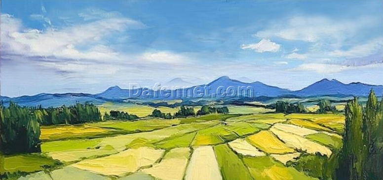 Textured Abstract Landscape Oil Painting – Blue Sky, Harvest Fields, and Distant Mountains for Modern Living Room