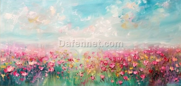 Textured Abstract Oil Painting – Pink Flower Field, Blue Sky, and White Clouds for Modern Living Room and Entryway