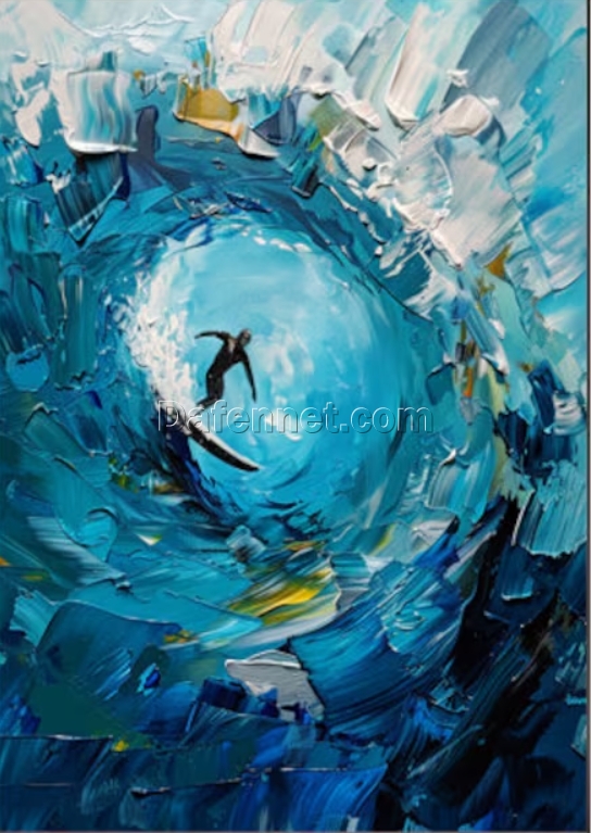 Abstract Surfer on Rolling Blue Waves – Textured Heavy Oil Painting for Contemporary Living Room and Entryway