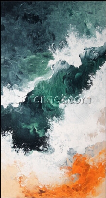 Textured Ocean Waves Oil Painting – Orange Beach and Deep Green Ocean for Stylish Living Room and Entryway