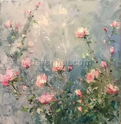 Small Pink Roses Oil Painting – Impressionist Floral Art on Gray-White Background for Stylish Living Room and Entryway