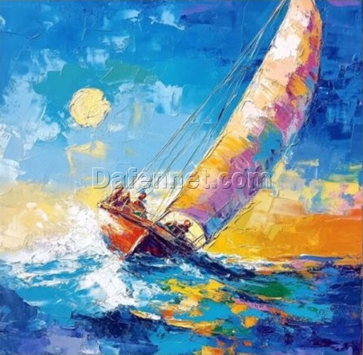 Textured Seascape Oil Painting – Sailboat on Blue Waves at Sunrise for Modern Living Room and Dining Room Walls