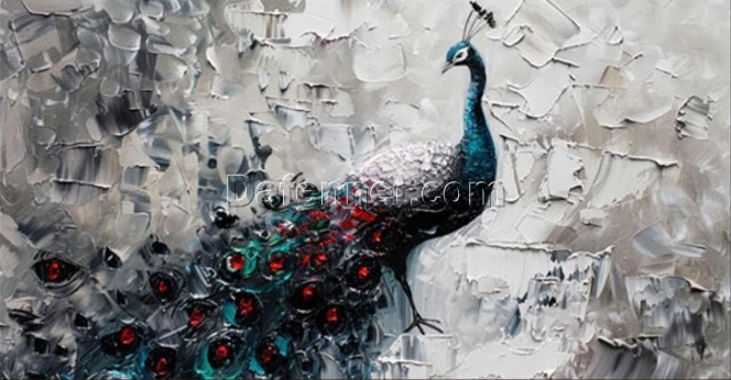 Textured Peacock Oil Painting – Elegant Peacock Design on Gray Background for Stylish Living Room and Bedroom Walls