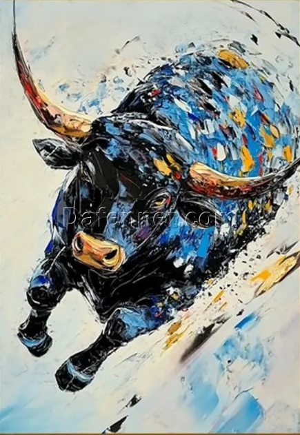 Running Bull Abstract Oil Painting – Bold Animal Art for Contemporary Living Room and Entryway