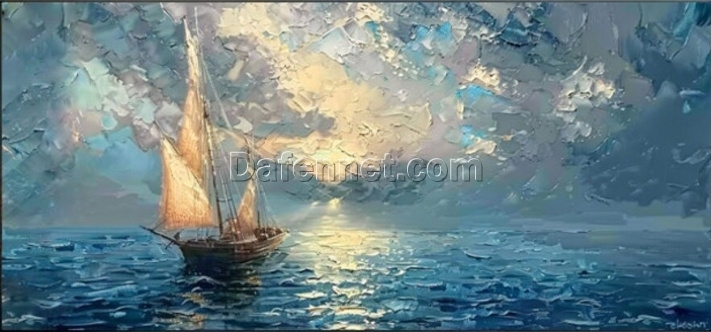 Abstract Sunrise Seascape Oil Painting – Moored Sailboat on Blue Ocean with Gray Background for Home Décor