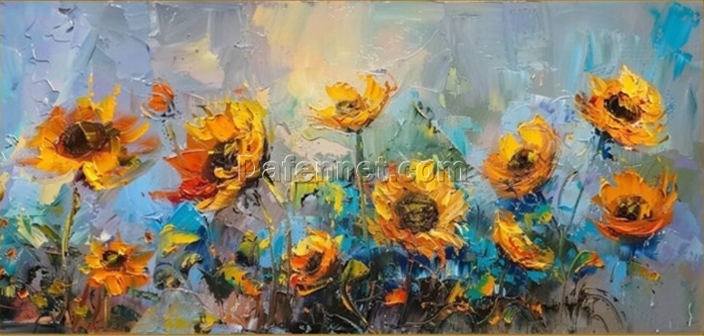 Vibrant Sunflower Canvas Art – Hand-Painted Sunflowers & Blue Sky with Intricate Texture for Modern Home Décor