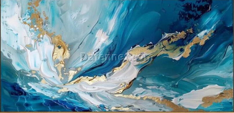 Modern Abstract Blue Oil Painting – Thick Textured Art with White & Gold Highlights for Home Décor