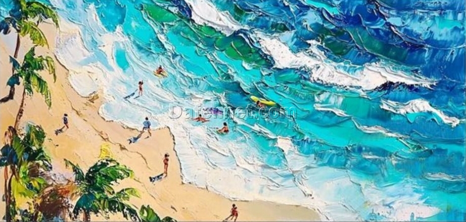 Hand-Painted Tropical Seaside Oil Painting with Swimmer – Stunning Ocean Art for Living Room