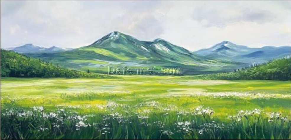 Dafen Village Original Scenic Oil Painting: Green Grass Field and Majestic Mountains – Perfect Wall Art for Entryway & Dining Room