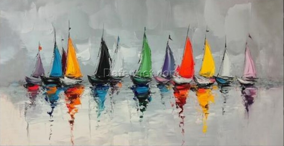 Unique Hand-Painted Abstract Seascape with Sailboats and Gray Sky – Perfect Wall Art for Living Room and Restaurant