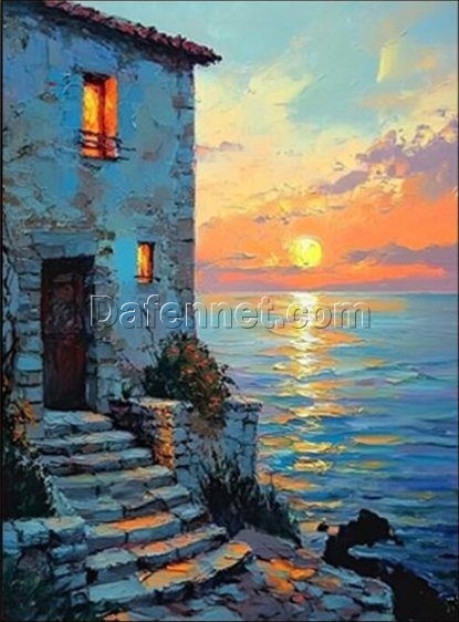 Vibrant Hand-Painted Coastal Sunset with Stone House and Water Steps – Ideal Textured Art for Living Room & Restaurant