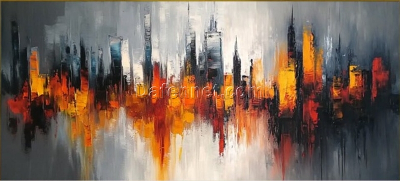 Unique Hand-Painted Abstract City Scene with Thick Layers – Warm Tones and Gray Sky for Modern Living Room & Restaurant Walls