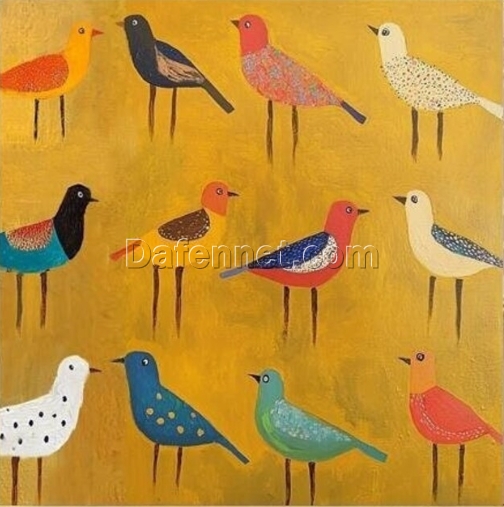 Hand-Painted Minimalist Bird Oil Painting – Pop Art Style on Yellow Background for Modern Entryway & Dining Room