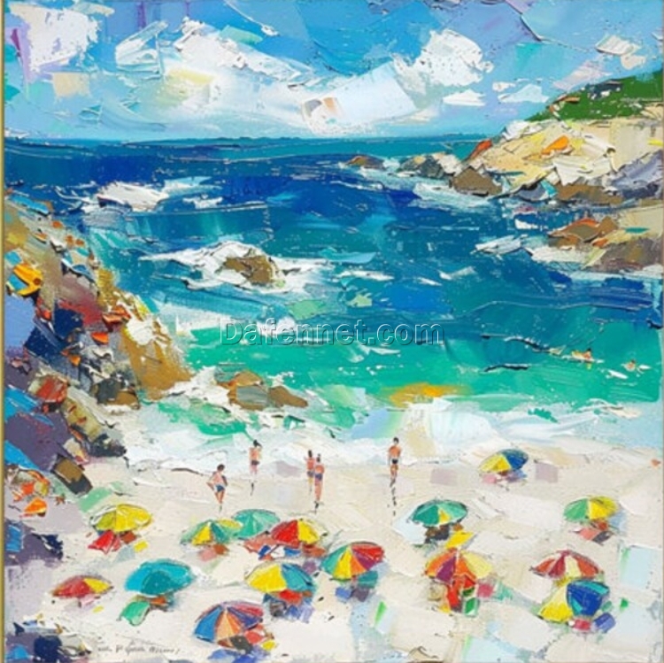 Dafen Village Original Ocean Oil Painting: Serene Bay with Swimmer, Blue Sky and Clouds – Perfect Wall Art for Dining & Entryway