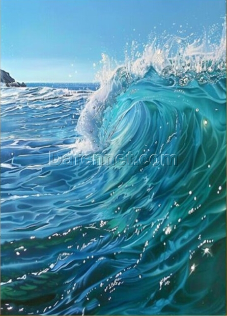 Hand-Painted Realistic Ocean Waves Oil Painting – Blue-Green Textured Seascape for Living Room, Entryway & Dining Room