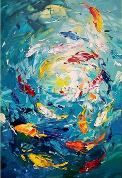 Unique Hand-Painted Koi Fish Oil Painting – Textured Blue Water with Playful Koi for Dining Room & Entryway