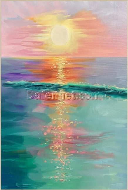 Hand-Painted Sunrise Seascape Oil Painting – Sun Reflection on Water with Sparkling Waves for Living Room & Dining Room