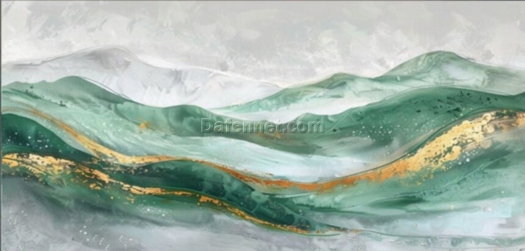 Dafen Village Original Abstract Landscape – Green Hills and Gold Detail Art for Modern Home Decor