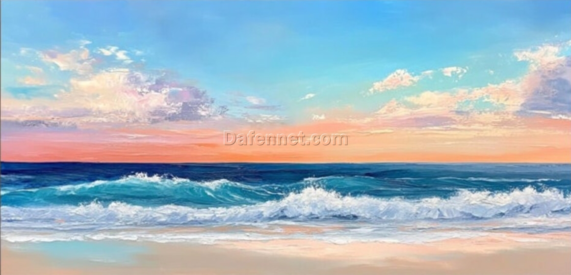 Hand-Painted Abstract Ocean Oil Painting – Blue Sea with Pink Horizon for Living Room, Entryway & Dining Room