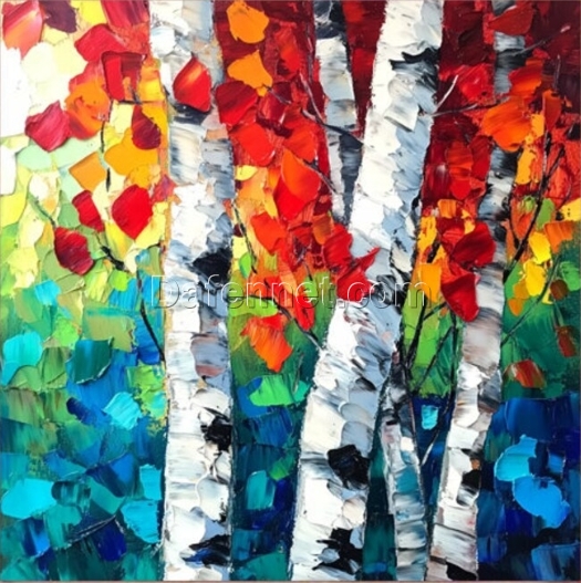 Hand-Painted Abstract Birch Tree Oil Painting – Vibrant Warm Tones and Textured Layers for Living Room & Dining Room