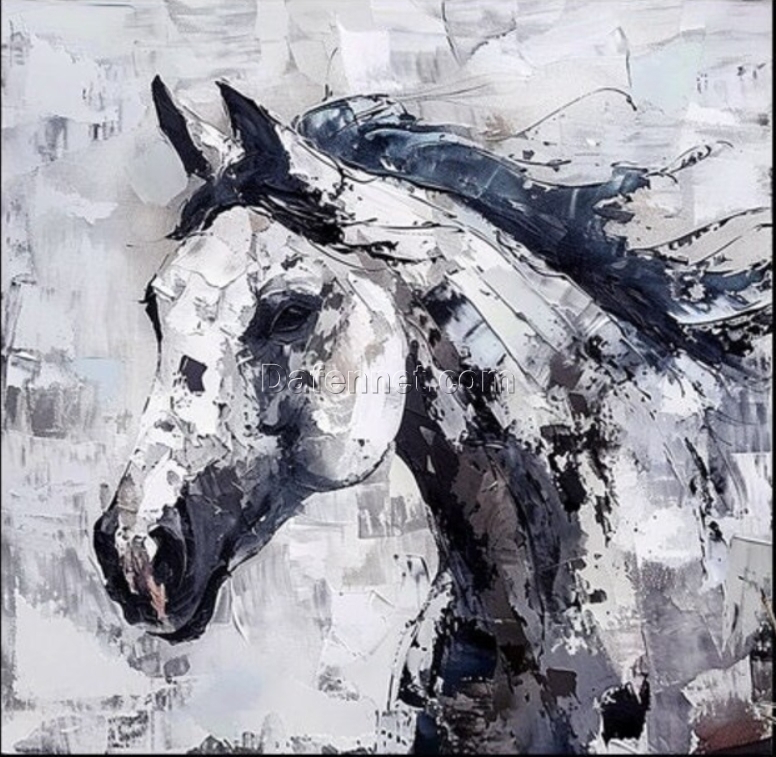 Hand-Painted Abstract Horse Oil Painting – Gray and White Horse with Palette Knife Technique for Living Room & Dining Room