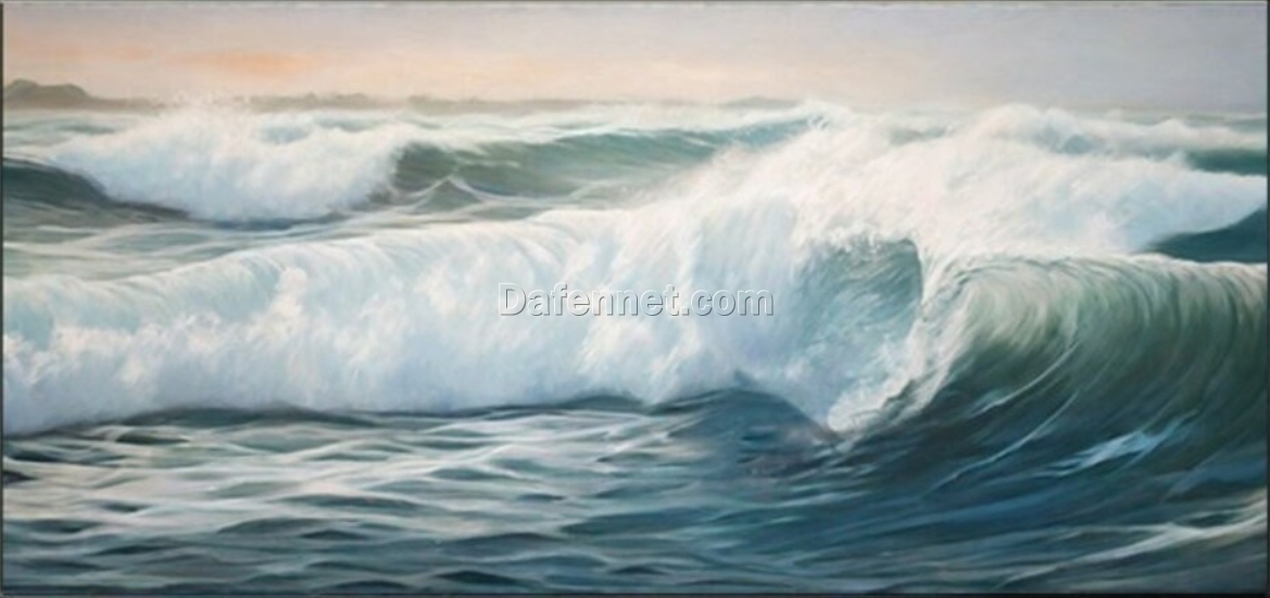 Hand-Painted Seascape Oil Painting – Blue-Green Ocean Waves in Morning Light for Living Room & Dining Room