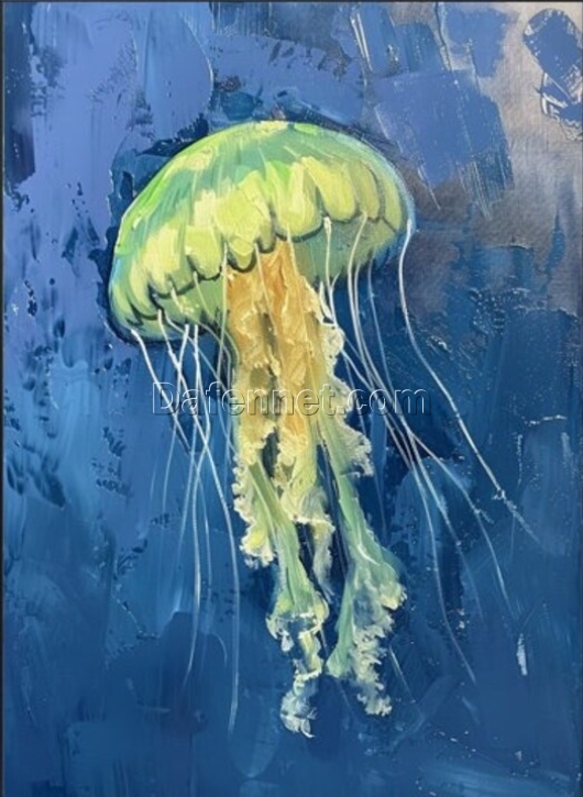 Hand-Painted Abstract Jellyfish Oil Painting – Deep Blue and Light Green Jellyfish with Textured Layers for Living Room & Dining Room