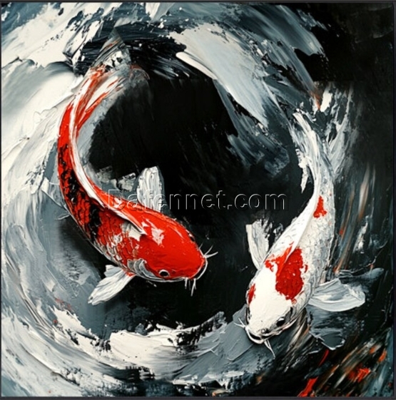 Hand-Painted Abstract Koi Fish Oil Painting – Thick Texture with Two Koi for Living Room, Entryway & Dining Room