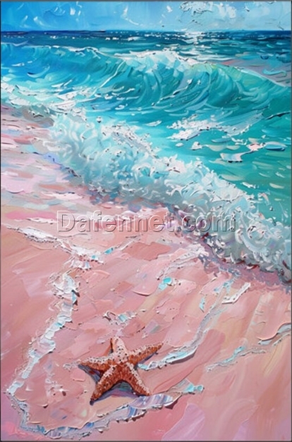 Hand-Painted Abstract Ocean Oil Painting – Blue Waves Hitting Pink Beach with Starfish for Living Room & Dining Room