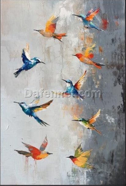 Hand-Painted Abstract Japanese Bird Oil Painting – Flying Birds in Minimalist Style for Living Room, Entryway & Dining Room