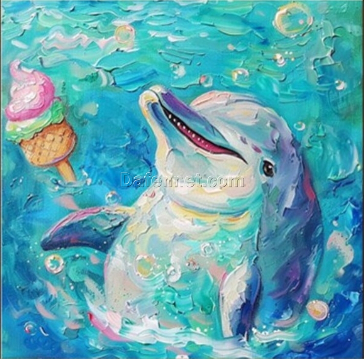 Hand-Painted Dolphin Oil Painting – Playful Dolphins Blowing Bubbles with Ice Cream for Living Room & Dining Room