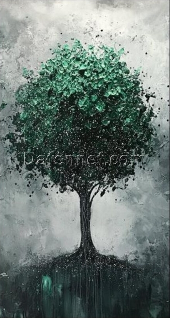 Hand-Painted Abstract Tree Oil Painting – Green Trees in Minimalist Style for Living Room, Entryway & Dining Room