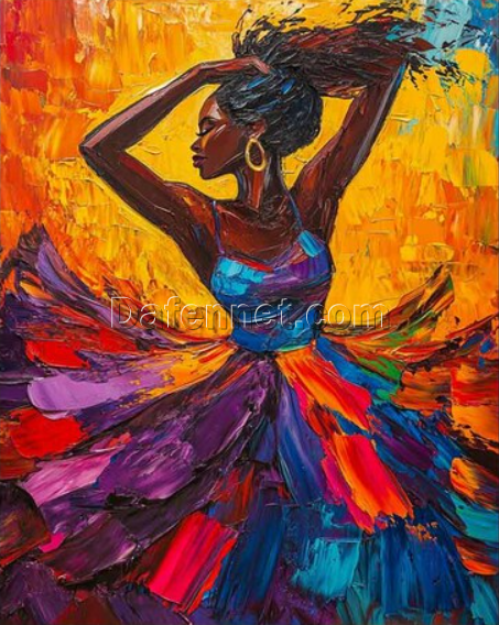 Black Woman Dance Oil Painting – Colorful Textured Wall Art for Bohemian Living Rooms