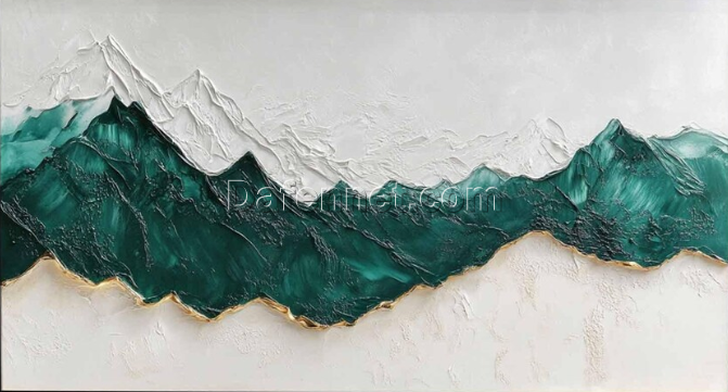 Green and White Textured Canvas Art – Abstract Mountain Oil Painting for Elegant Wall Décor