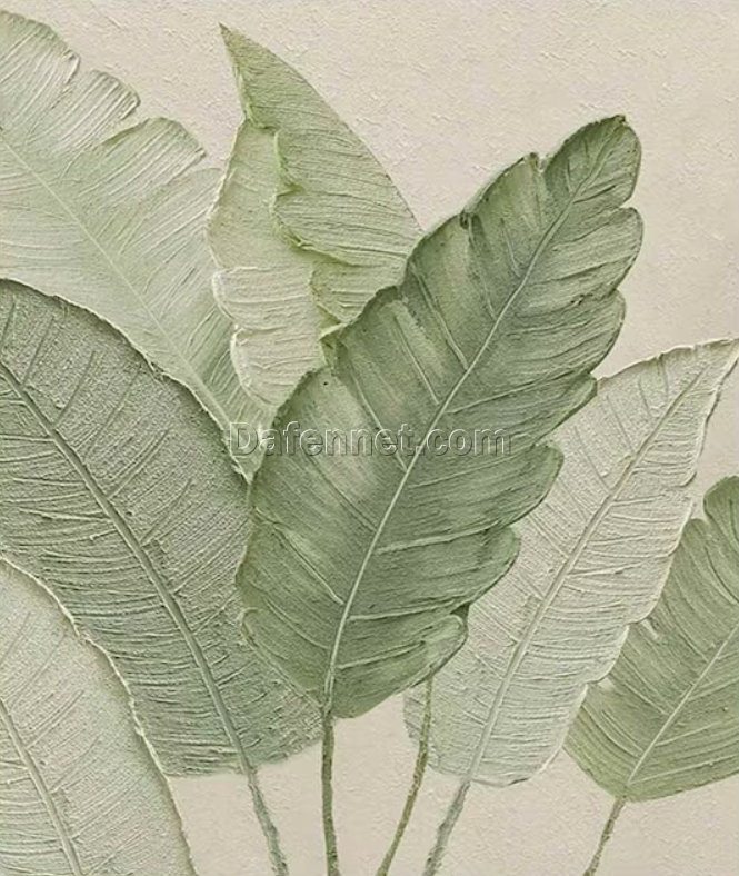 Minimalist Green Wall Art – Textured 3D Leaf Oil Painting for Bohemian Living Room and Home Décor